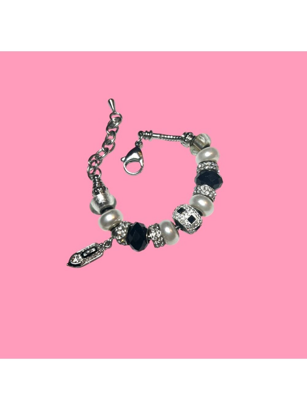 Bella Perlina Silver-Tone Charm Bracelet With Black White & Rhinestone Beads Adj